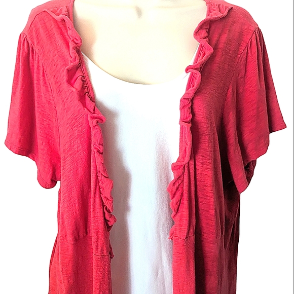 💕Avenue+ Beautiful Pink/Red-ish Lightweight Cotton Cardigan With Ruffled Detail - Picture 3 of 8